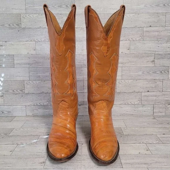 Vintage Nocona Western Brown Exotic Eel Leather Inlay Cowboy Boots Women's 6 C - Picture 3 of 11